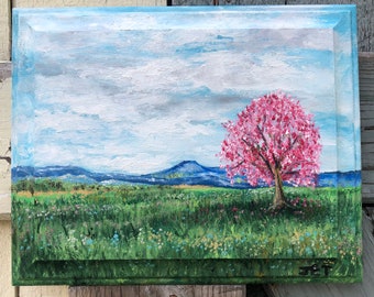 Olieverfschilderij met kersenbloesems in textuur: Landschapskunst op hout, levendige natuurdecoratie