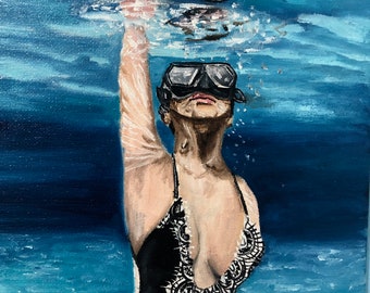 Underwater Swimmer Oil Painting, Woman in Pool, Varnished Canvas Art (8x10) Home decor, elegant feminine body, water lover gift idea