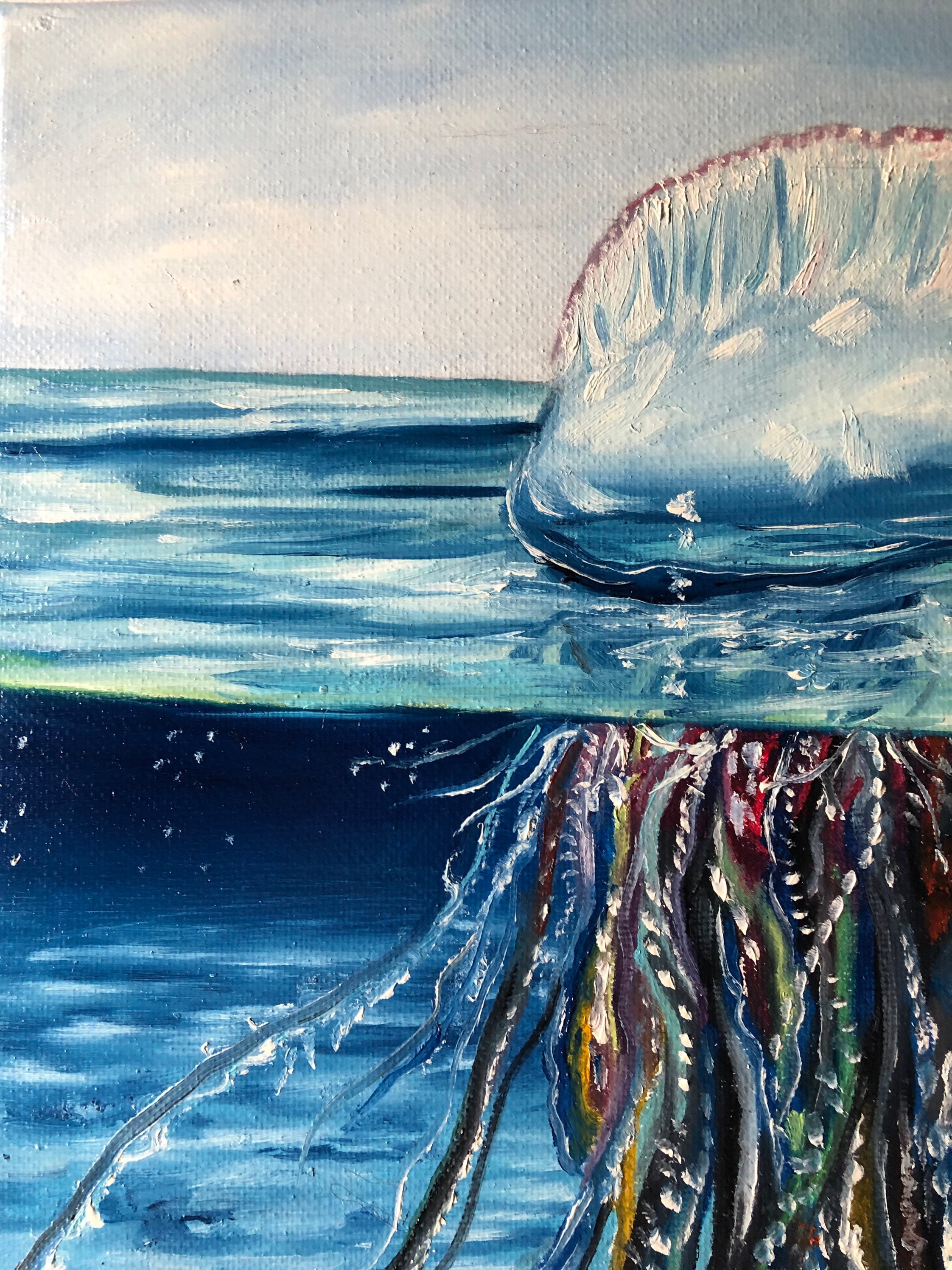 Portuguese Man o' War Oil Painting: Ocean Water Detail, Wildlife Art