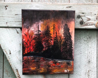 Forest on fire abstract oil painting, trees and river reflection beautiful home decor or gift idea, varnished nature stretched canvas art