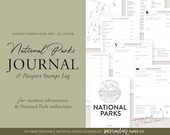 National Parks Journal | Printable PDF | 63-Park Outdoor Adventure Travel Guide Book & Bucket List | National Park Passport Stamps Log