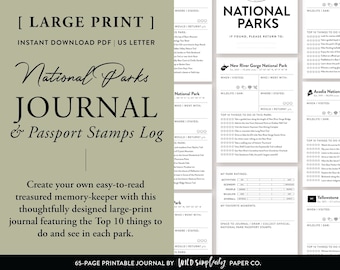 Large-Print National Parks Journal | Printable PDF | 63-Park Outdoor Adventure Travel Guide | Bucket List | Passport Stamps Log
