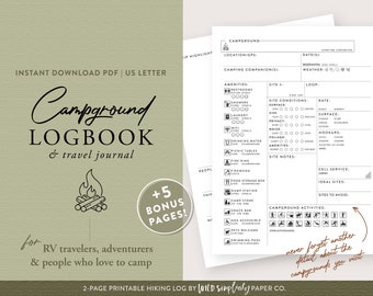 Campground Logbook & RV Travel Journal | Camping Log | Printable PDF | Camping Journal | Family Camping Printable Bundle