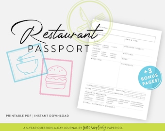 Restaurant Passport | Restaurant Review Log | Printable PDF | Restaurant Review Journal | Instant Download Restaurant Planner