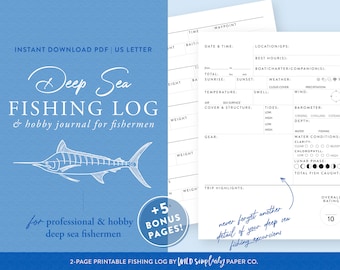 Deep Sea Fishing Log | Printable PDF | Outdoor Adventure Journal & Bucket List | Saltwater Fishing Logbook For People Who Love to Fish