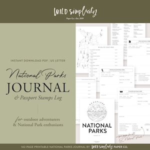 National Parks Journal | Printable PDF | 63-Park Outdoor Adventure Travel Guide Book & Bucket List | National Park Passport Stamps Log