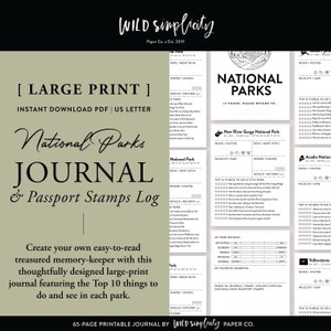 Large-Print National Parks Journal | Printable PDF | 63-Park Outdoor Adventure Travel Guide | Bucket List | Passport Stamps Log
