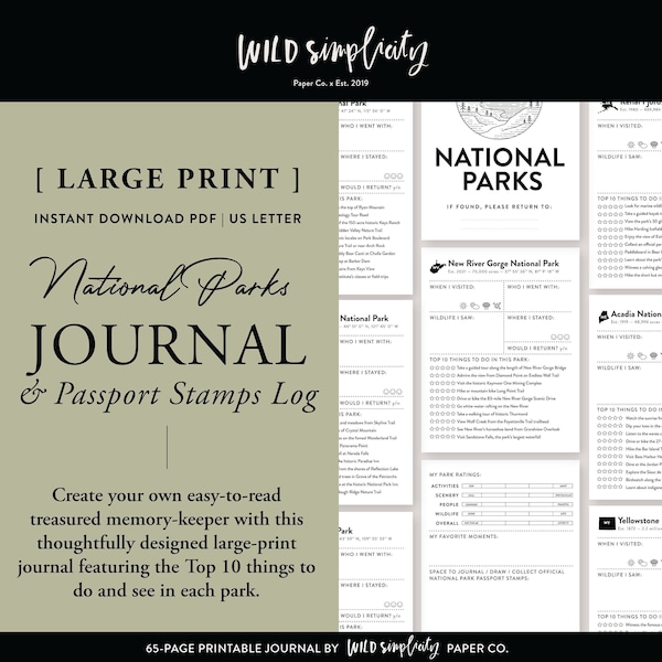 Large-Print National Parks Journal | Printable PDF | 63-Park Outdoor Adventure Travel Guide | Bucket List | Passport Stamps Log