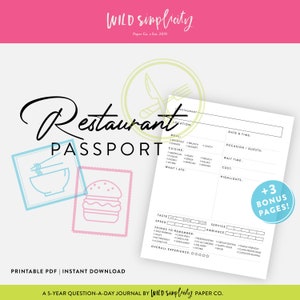 Restaurant Passport | Restaurant Review Log | Printable PDF | Restaurant Review Journal | Instant Download Restaurant Planner
