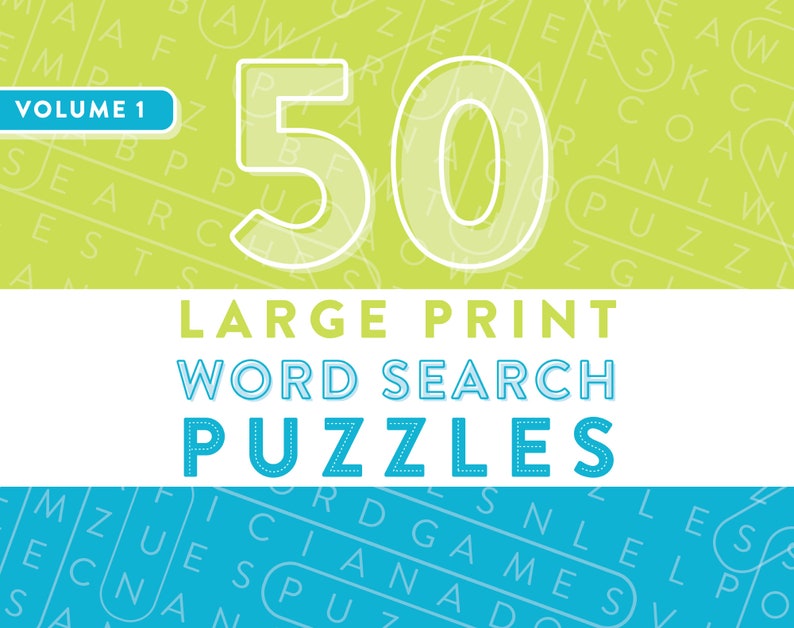 May include: A book cover with a green background and the text "50 Large Print Word Search Puzzles" in white outlined text. The book cover also has the text "Volume 1" in a blue box.