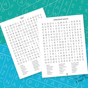 May include: Two white paper word search puzzles with black text. One puzzle is titled "00" and the other "AWESOME SAUCE". The "AWESOME SAUCE" puzzle has a note that says "huge variety of puzzle themes".