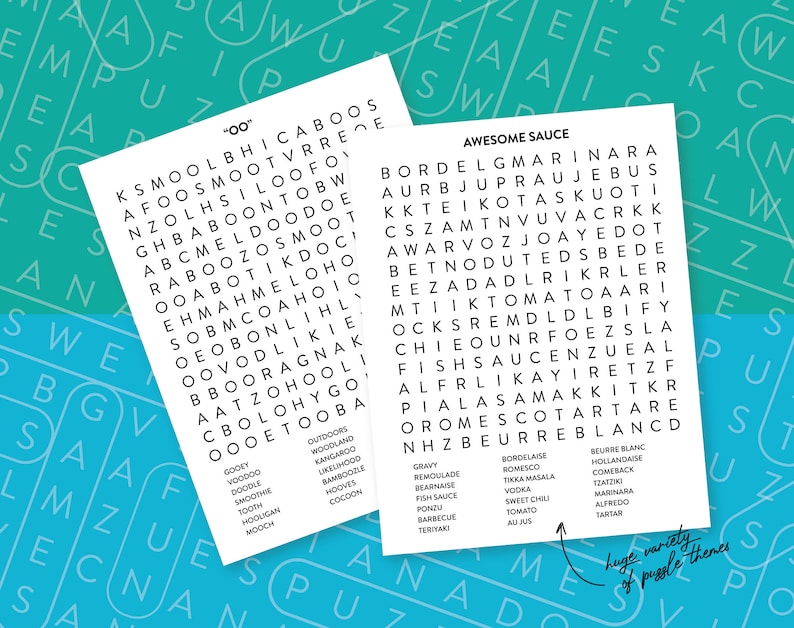 May include: Two white paper word search puzzles with black text. One puzzle is titled "00" and the other "AWESOME SAUCE". The "AWESOME SAUCE" puzzle has a note that says "huge variety of puzzle themes".