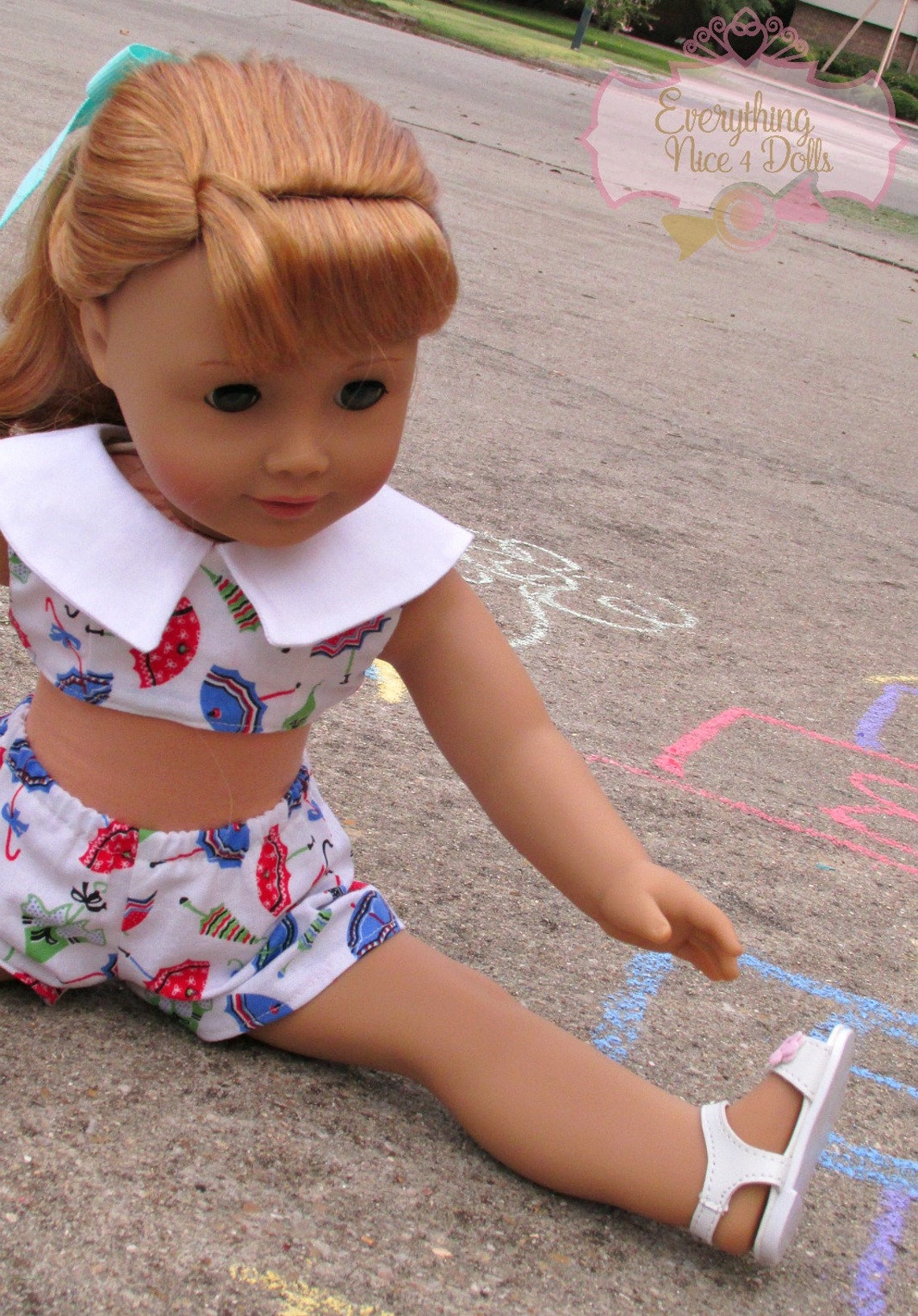 Retro Umbrella Print Shorts Set Red/Blue Midriff with Etsy