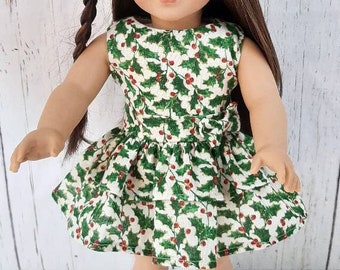 Green Holly Christmas Dress with Matching Shoes, Holly Party Dress, Green and Red Holly Dress, Holiday Dress, Fits 18 Inch Dolls