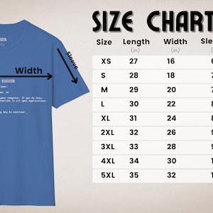 May include: Size chart for a blue t-shirt with a blue screen of death error message. The chart shows sizes XS to 5XL with corresponding measurements in inches for length, width, and sleeve.