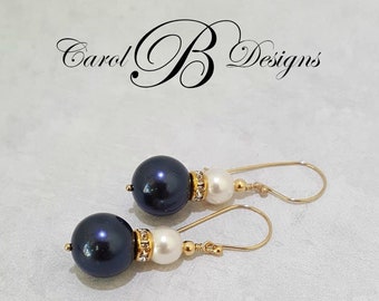 Pearl Drop Earrings, Wedding Jewelry for Bridesmaid, Mother of the Bride Pearl Earrings, Mother of the Groom Navy Blue Pearl Earrings