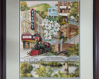 Chattanooga Montage, Tivoli Theater, Chattanooga Choo Choo   Original Painting by Anni Moller, Framed and double matted