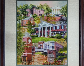 LaGrange College Montage, Georgia  Original Painting by Anni Moller, Framed and double matted