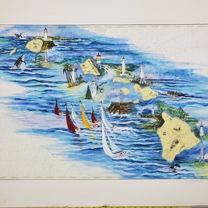 Fine art Giclee on nautical chart. Hawaii Islands Map , Signed By Leslie Grant
