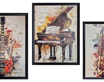 Framed contempary art on canvas 18x24, 24 karat gold highlighted, Guitar, Piano, violin and Saxaphone