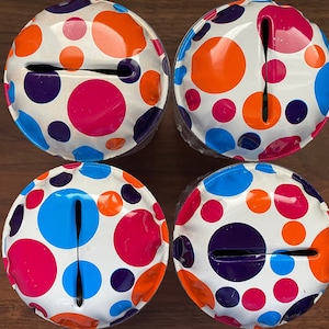 Vintage Metal Noisemaker Set Litho Pink Orange Blue Polka Dot Detail Design