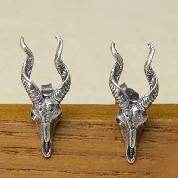 Silver Antiqued Antelope Kudu Skull Steel Stud Earrings / Minimalist Macabre Animal Skull Stud Earrings / Punk / Goth / Grunge