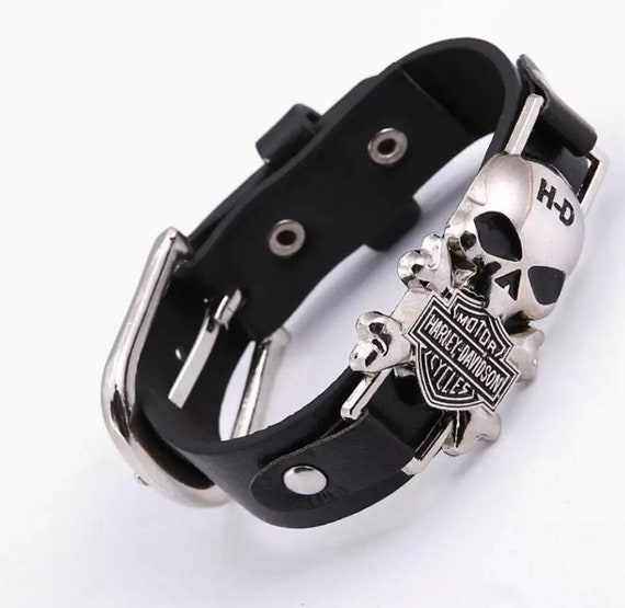Harley Davidson Cycles H D HD Black Leather Skull Studded Cuff