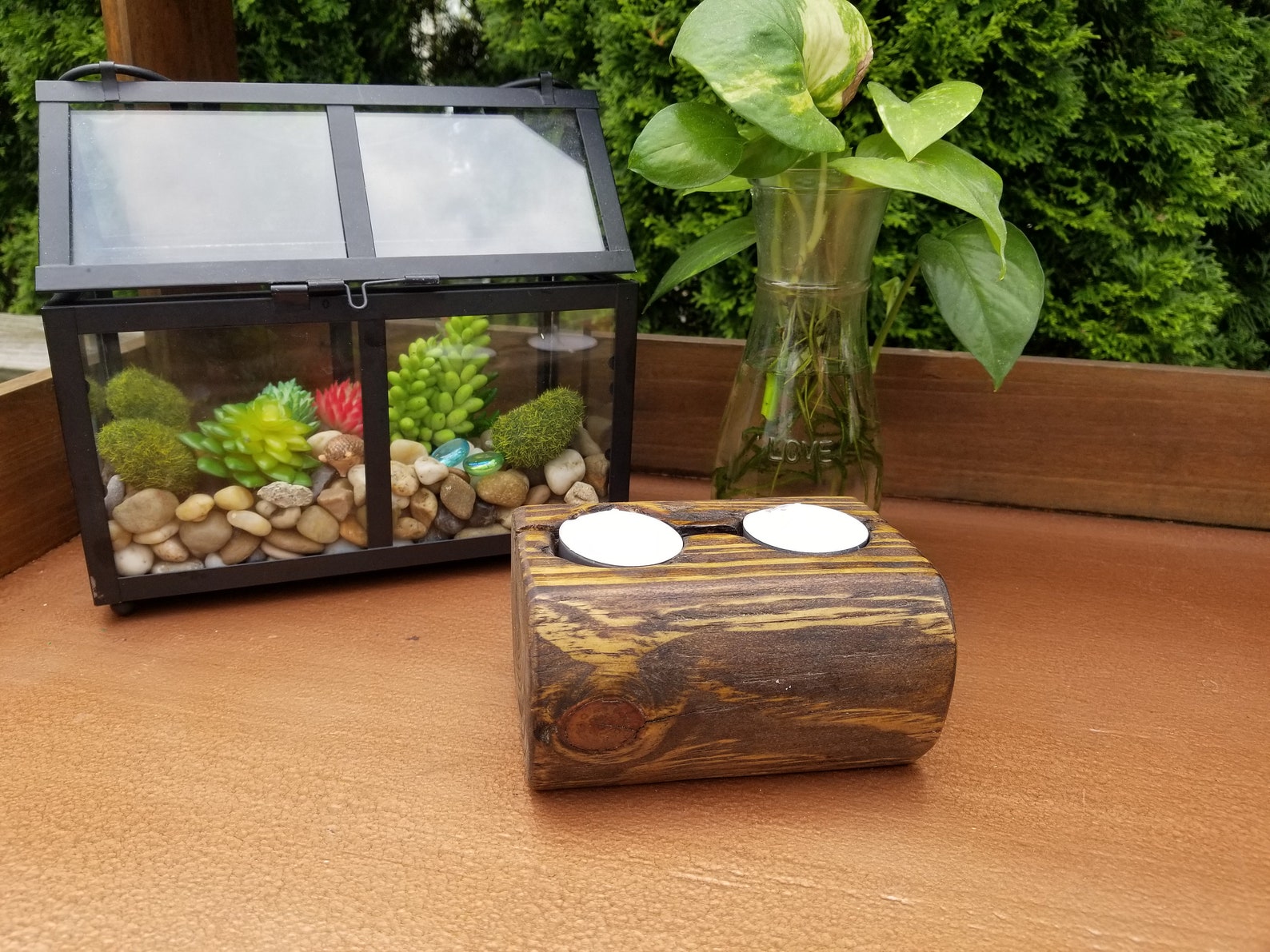 Rústico primitivo hecho a mano de madera doble votivo titular | Etsy