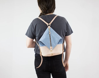 Leather Backpack - Light Denim and Nude Leather Mini Backpack - Canvas Backpack - Backpack Purse - Leather Bag - Leather Purse - Veg Tan