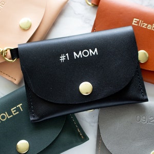 Monogram Leather Mom Wallet Personalized Keychain Customized Black Leather Credit Card Holder Emboss Wristlet Gift Wife Present image 1