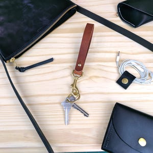 Caramel Leather Lanyard Keychain, Solid Brass Clip