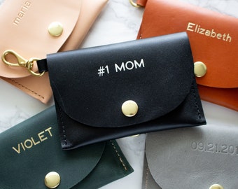 Monogram Leather Mom Wallet - Personalized  Keychain Customized Black Leather - Credit Card Holder- Emboss - Wristlet - Gift - Wife Present