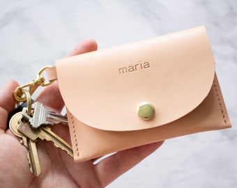 Monogram Keychain Wallet Credit Card Holder Leather Wallet  Personalized Gift Veg tan Keychain Wristlet Mom Gift Wife Present