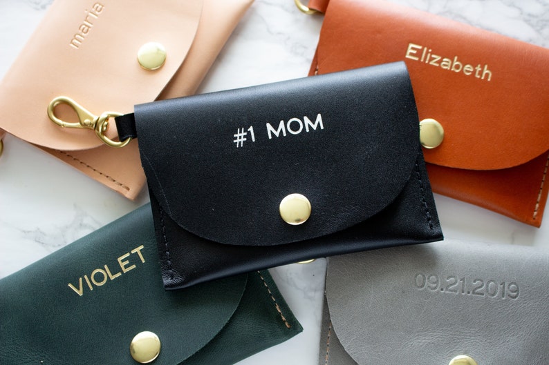 Monogram Leather Mom Wallet Personalized Keychain Customized Black Leather Credit Card Holder Emboss Wristlet Gift Wife Present image 1