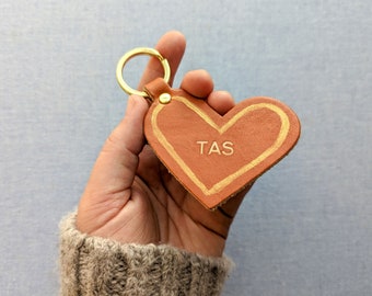 Monogram Heart Leather Keychain. Full Grain Nude Leather Key Fob. Personalized Gold Foil Keyring. Custom Gift Hand Painted