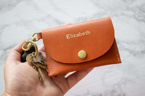 Personalized Keychain Wallet- Customized Card Holder - Monogram Tan Leather - Cognac - Gift - Veg Tan Wristlet - Mom Gift - Wife Present