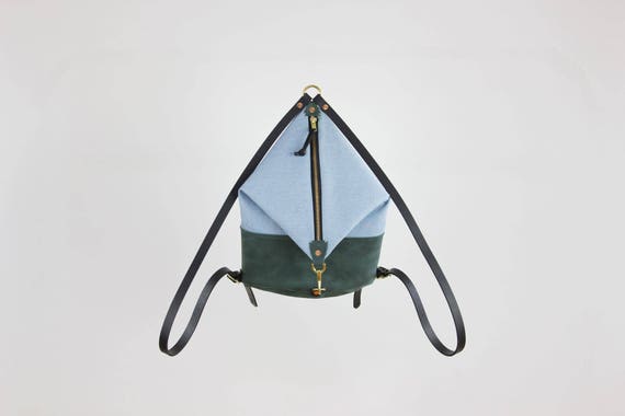 Leather Backpack Light Denim and Forest Green Leather Mini - Etsy
