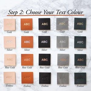 May include: Five rows of leather swatches with the text "ABC" embossed in different colors. The colors are gold, silver, rose gold, and black. The last row is labeled "Emboss".
