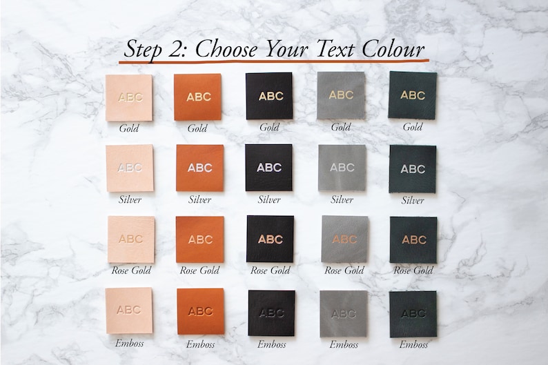 May include: Five rows of leather swatches with the text "ABC" embossed in different colors. The colors are gold, silver, rose gold, and black. The last row is labeled "Emboss".