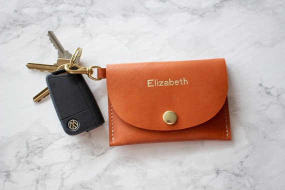 Customized Card Holder Monogram Keychain Wallet Personalized Tan Leather Cognac Gift Veg Tan Wristlet Mom Gift Wife Present Etsy