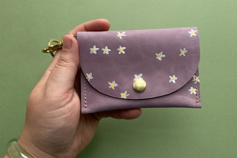 Hand Painted Purple Leather Keychain Wallet with Brass Hardware