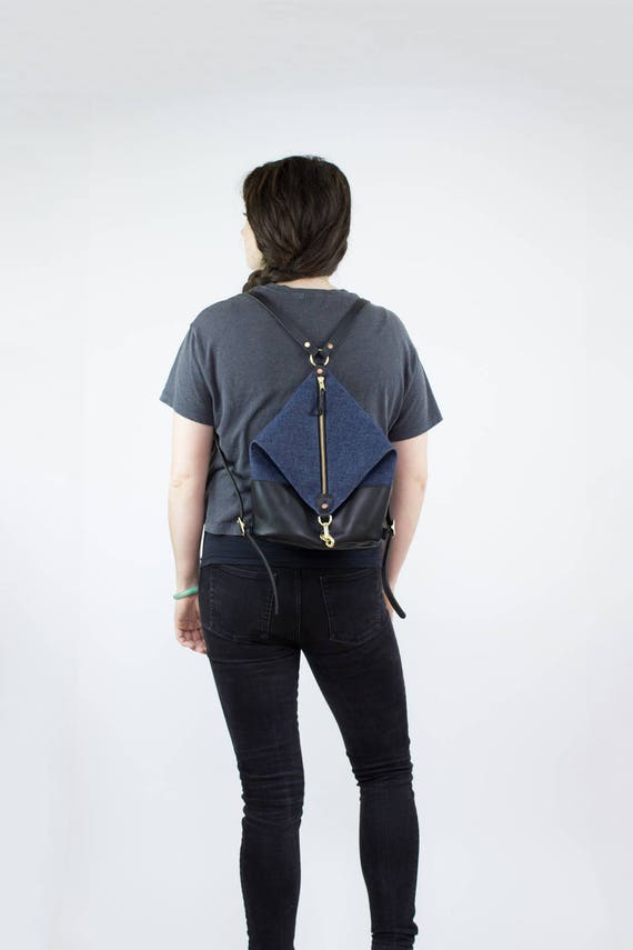 Leather Backpack Dark Denim and Black Leather Mini Backpack 