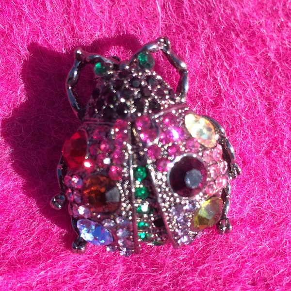 Whimsical Small JEWELED BEETLE BROOCH, multi-colors, sparkly, rhinestones, Beetle for Sweater, Jacket, Coat, Hat, Drapery, Lamp Shade