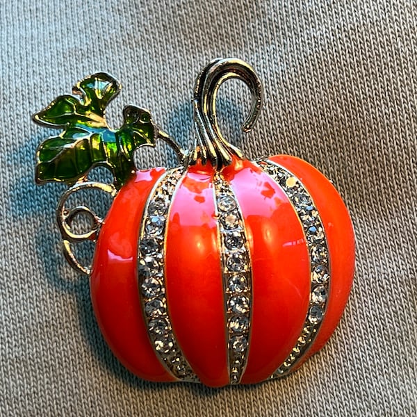 Whimsical Small JEWELED PUMPKIN BROOCH, sparkly Fall enameled pumpkin  for Sweater, Jacket, Coat, Hat, Drapery, Lamp Shade, Pillow.