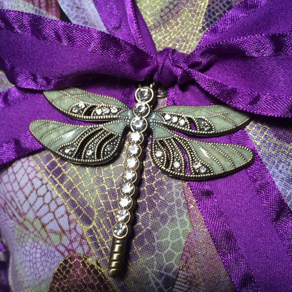 1 Extra Lg 6" Purple/Green DRAGONFLY PENDANT SACHET, filled with 3 Cups Organic Lavender, Rhinestone Dragonfly Pendant, Ruffled Ribbon,