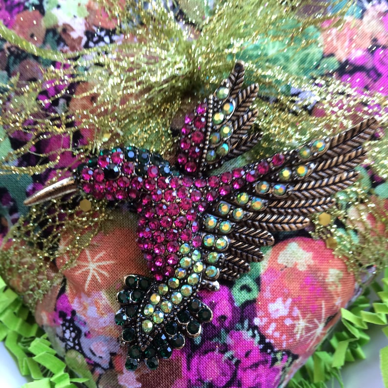 1 Extra Large 6 HUMMINGBIRD BROOCH SACHET filled with 3 Cups Organic Lavender in 6X6 Chartreuse Box Lacy Lime Ribbon
