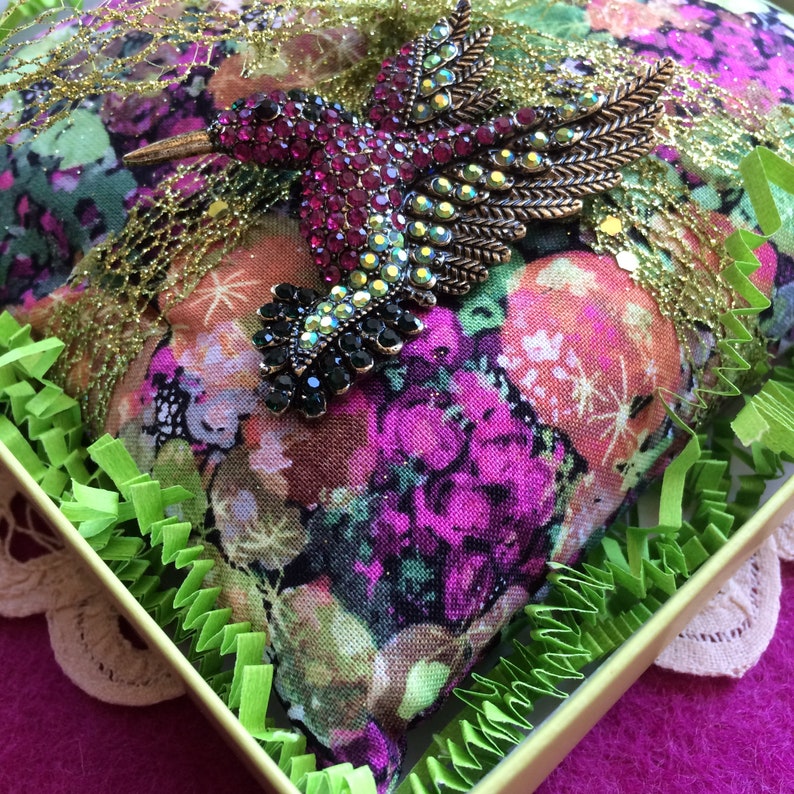 1 Extra Large 6 HUMMINGBIRD BROOCH SACHET filled with 3 Cups Organic Lavender in 6X6 Chartreuse Box Lacy Lime Ribbon