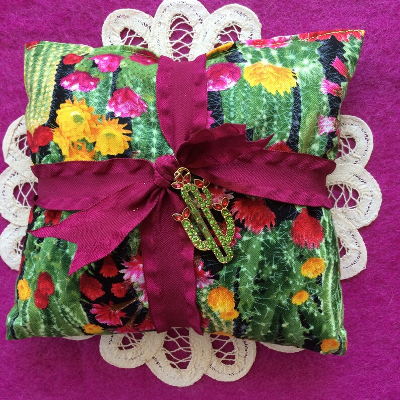Red Claret Cup + Prickly Pear 1 Extra Large 6 CACTUS PENDANT SACHET filled with 3 Cups Organic Lavender in 6X6 Chartreuse Box Cholla