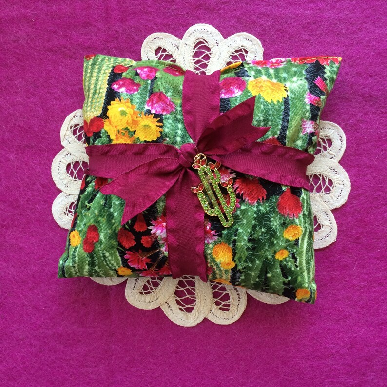 Red Claret Cup + Prickly Pear 1 Extra Large 6 CACTUS PENDANT SACHET filled with 3 Cups Organic Lavender in 6X6 Chartreuse Box Cholla
