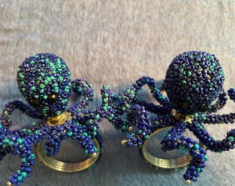 Pair Exquisite BEADED OCTOPUS NAPKINRINGS, Sturdy Ocean Decor for your Table
